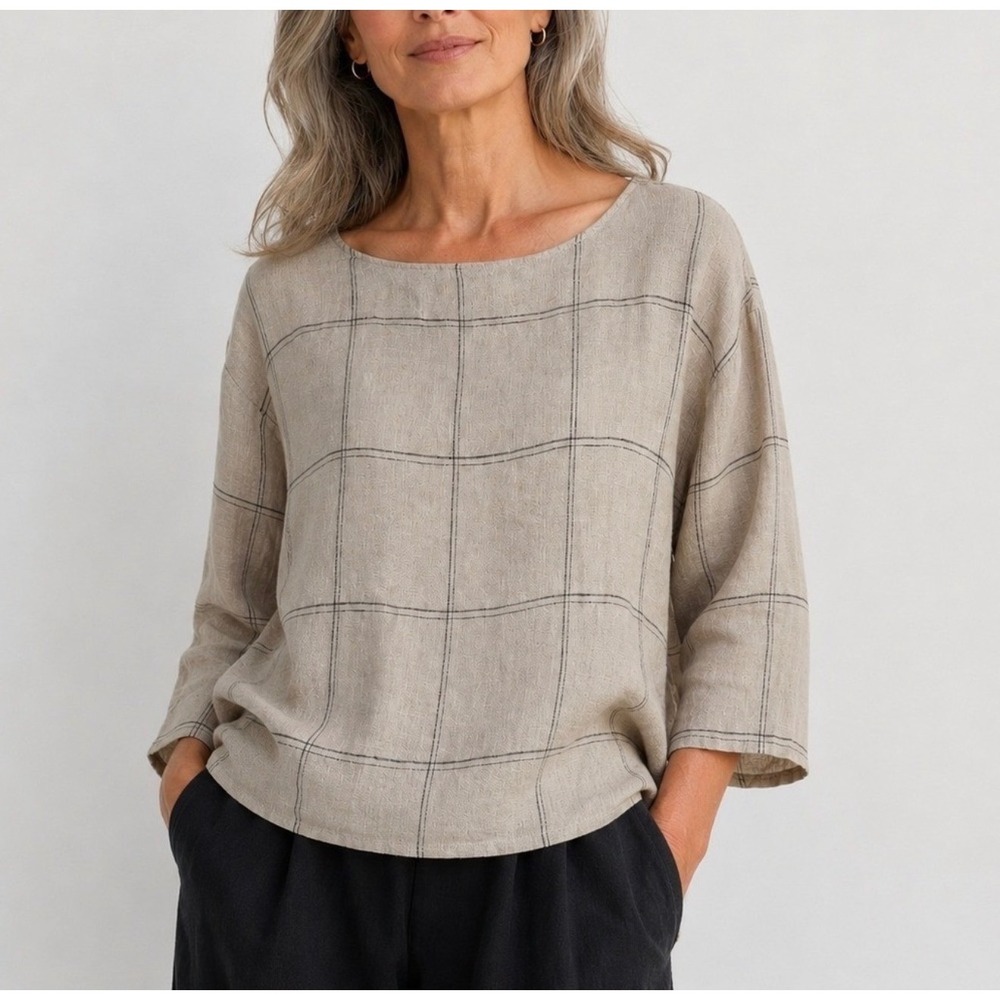 Eileen Fisher Organic Linen Windowpane Blouse Top XL Coastal Lagenlook Beige/Tan
